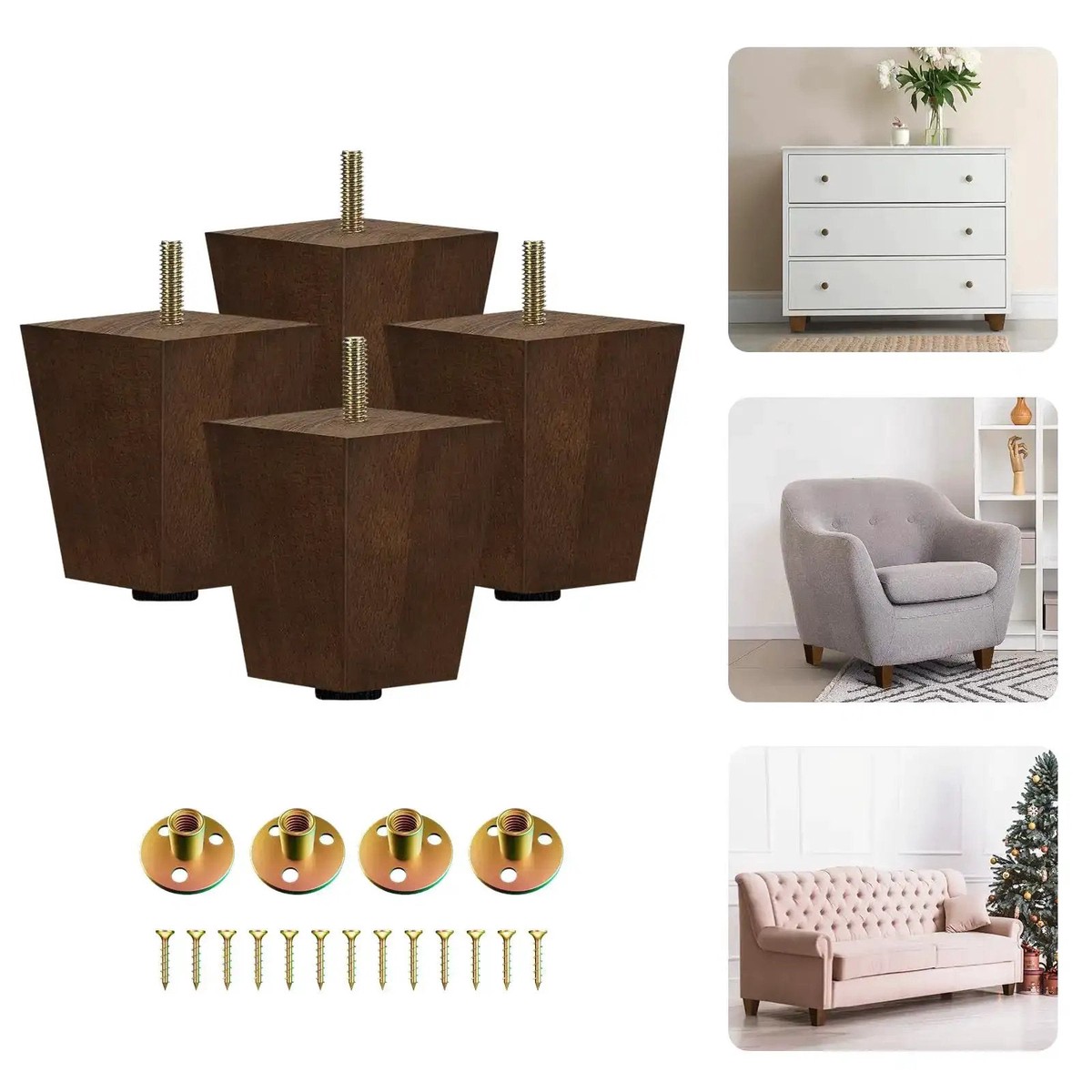 3 Inch Square Wood Furniture Legs Set Of 4 With Levelers, Adjustable Tapered Replacement Feet For Sofa, Couch, Ottomans, Tables And Chairs Brown Walnut Solid...