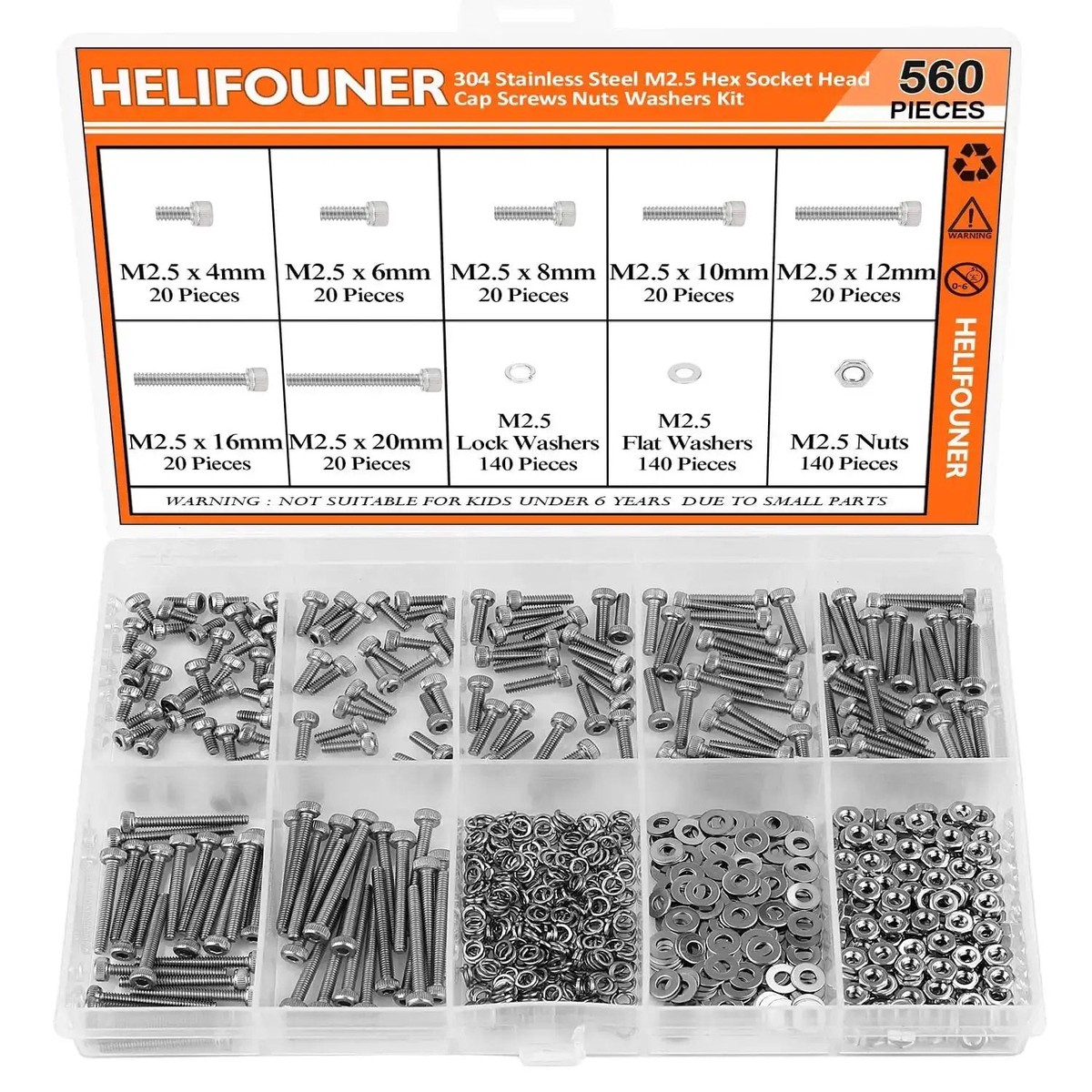 Pro Grade Heavy Duty Hex Socket Head Cap Screws Kit In 304 Stainless Steel, M2.5 Thread, 4mm To 20mm Lengths, Includes Bolts Nuts Washers And Lock Washers, 7...