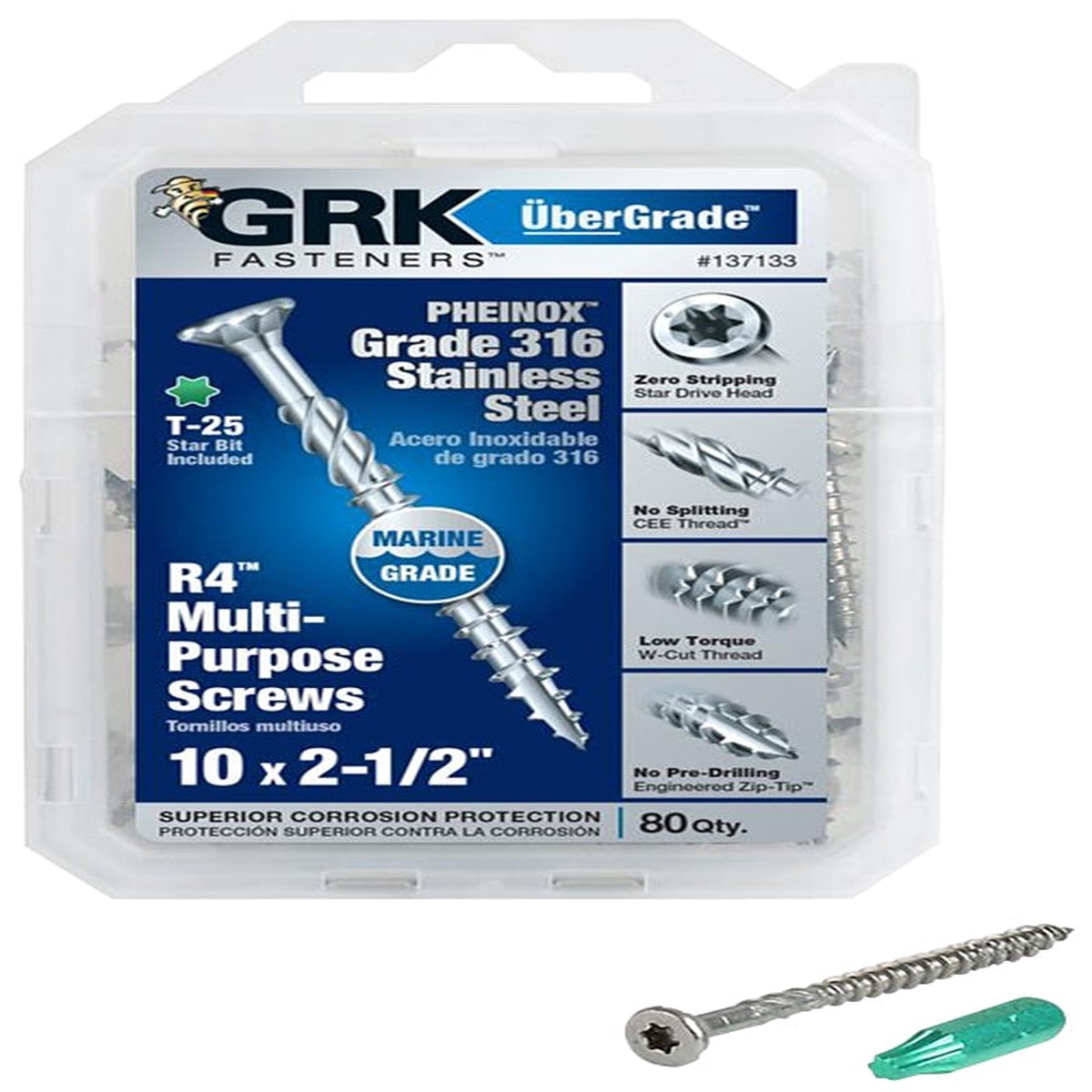 GRK Fasteners 137133 Framing and Decking Screw 10 Thread 2-12 in L Flat Head Star Drive 316 Stainless Steel