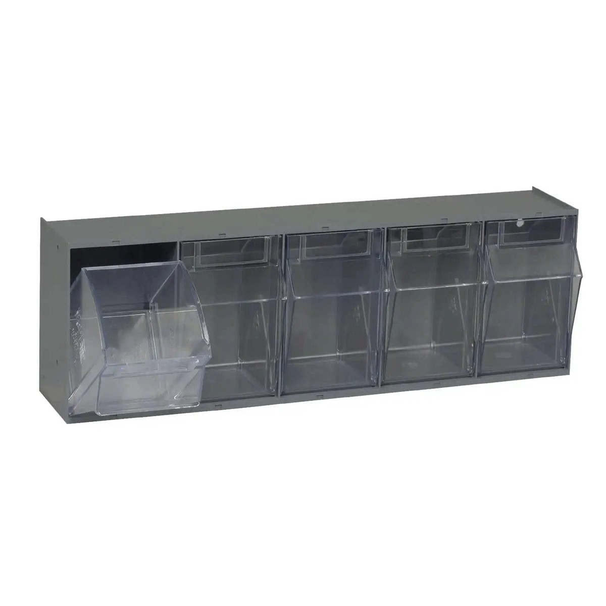 Five Drawer Tip Out Cabinet Part Organizer In Gray, Handy Space Saving Storage Unit For Small Parts With Five Clear Bins, 7 Inch High By 24 Inch Wide By 6 In...