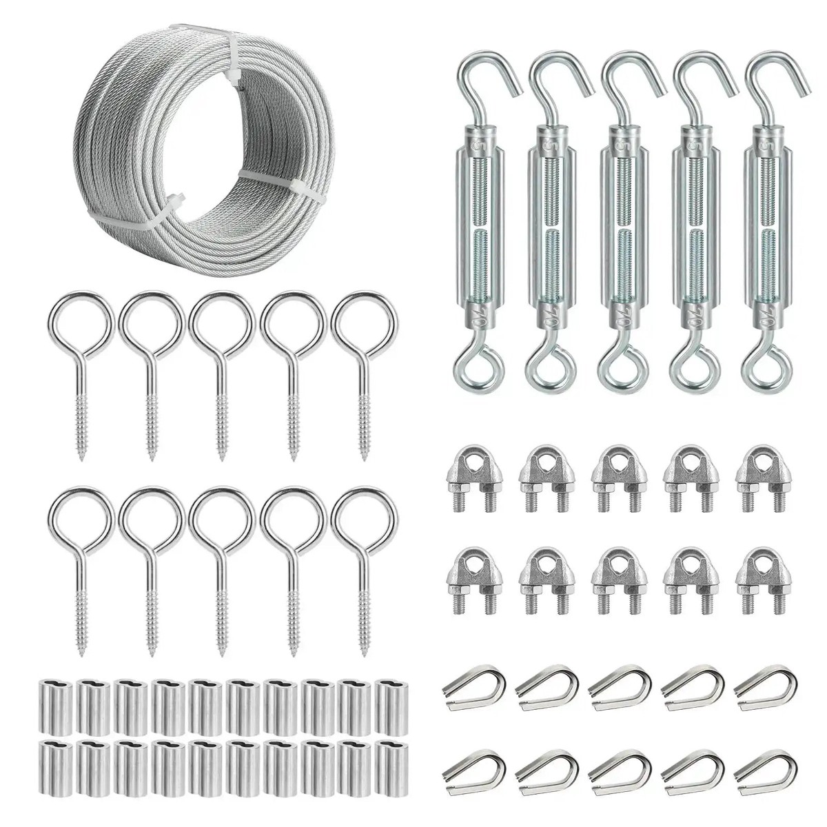 Heavy Duty Pro Grade DIY Friendly One Eighth Inch Wire Rope Kit, 100 Ft PVC Coated Galvanized Cable With Turnbuckles, Hooks, Clamps And Thimbles For Garden P...