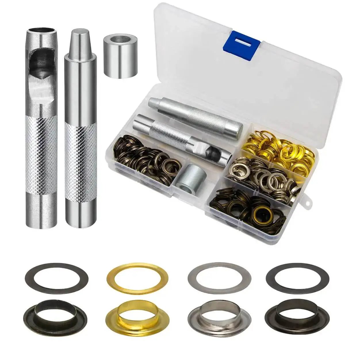 One Half Inch Grommet Kit 100 Sets Four Colors Gold Silver Black Bronze With Tools And Storage Box For DIY Sewing Leather And Fabric Projects 12mm Metal Eyel...