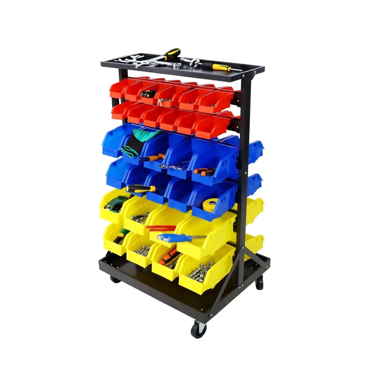 Six Tier Rolling Bin Storage Rack With Sixty Color Coded Bins On Smooth Wheels Dual Sided Parts Organizer With Top Tray Heavy Duty Steel Frame And 350 Lb Cap...