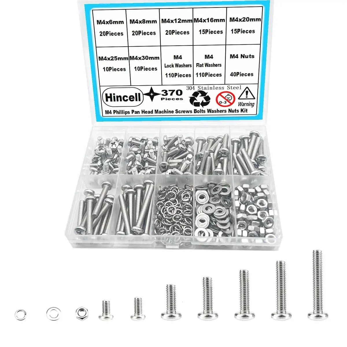 Stainless Steel M4 Phillips Pan Head Machine Screw Set, 370 Pieces, 7 Sizes From 6mm To 30mm With Nuts, Flat Washers, And Lock Washers, A Handy DIY Pro Grade...