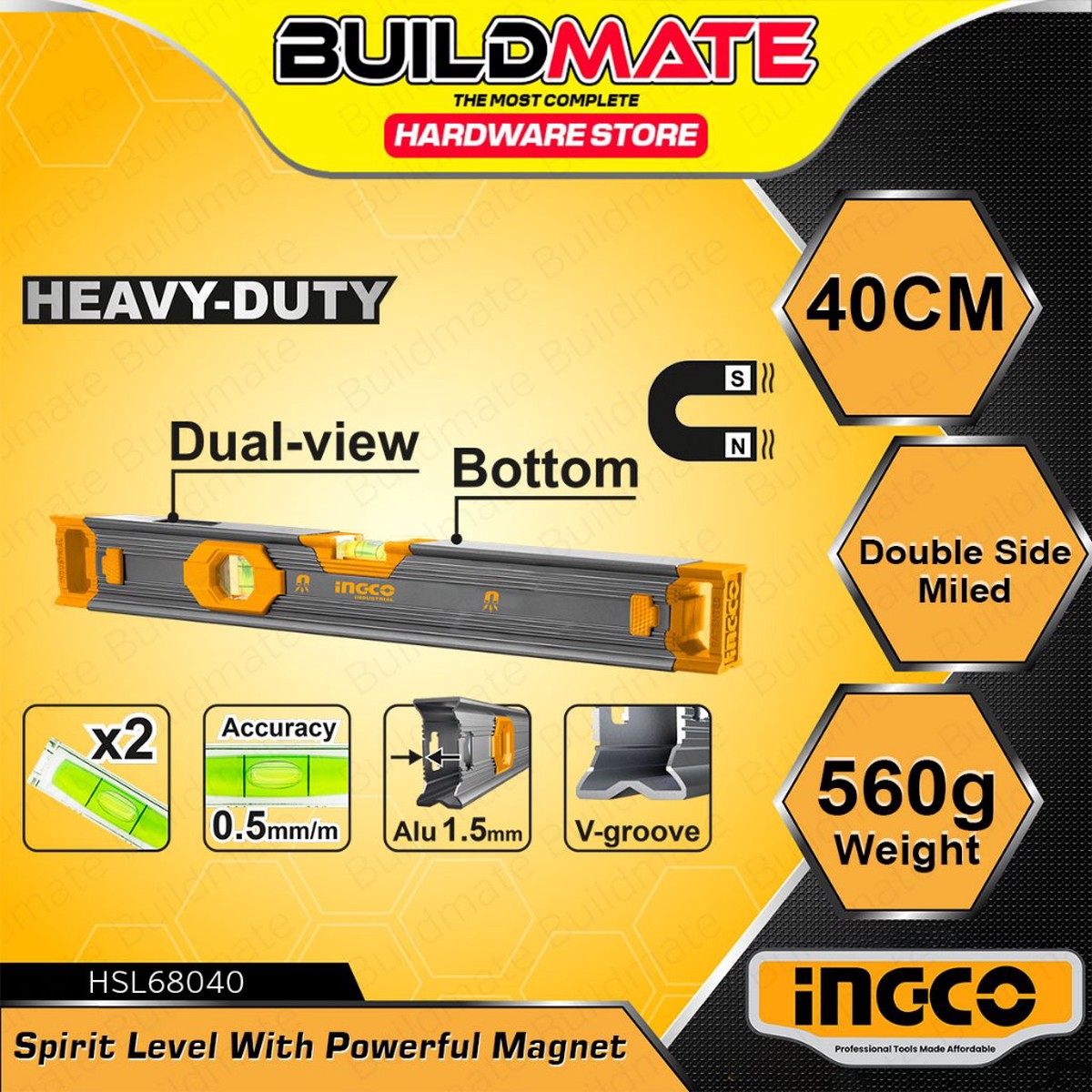 BUILDMATE Ingco 40CM Spirit Level with Powerful Magnets Double Side Milled Aluminum Bubble Leveler Measuring Leveling Tool HSL68040 - IHT
