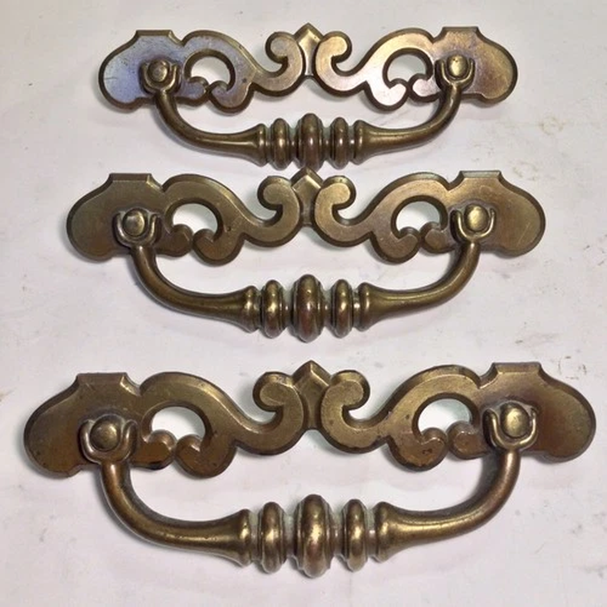 (3) VINTAGE BRASS FINISH DRAWER PULLS / HANDLES w/Patina LARGE ~ w/ORIG SCREWS